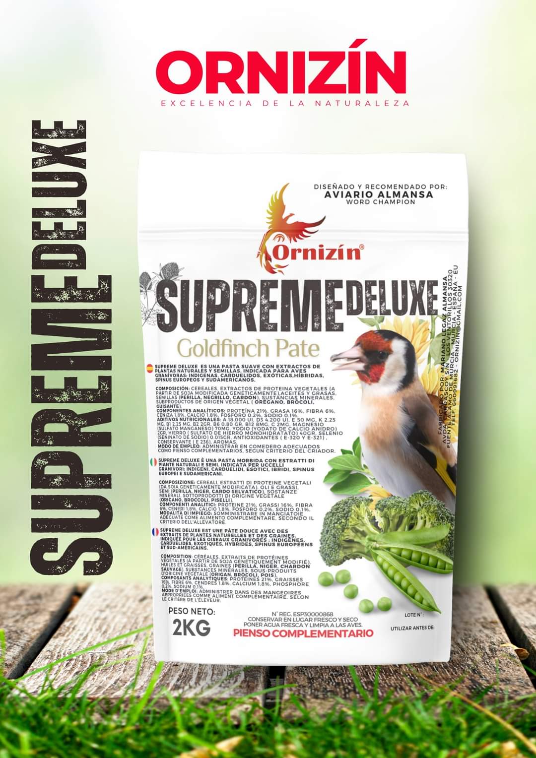 Supreme Deluxe 2kg 21% Eiwitten “Distelvinken Groen Eivoer” ( met Oregano, Erwten, Broccoli Pasta En Zaden ) - Ornizin