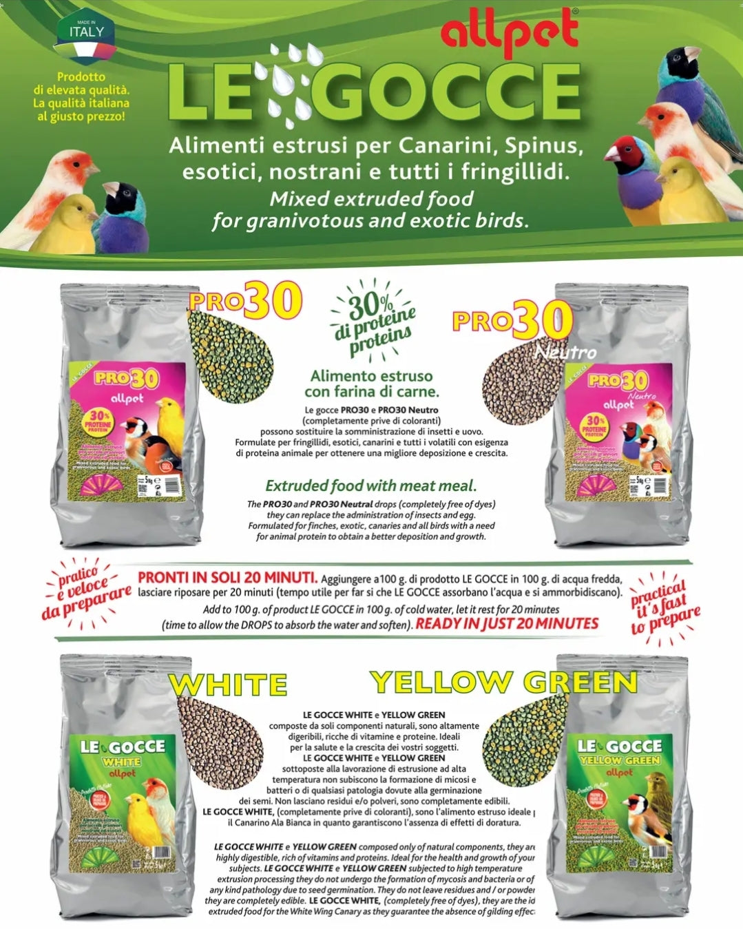 Le Gocce Pro30 900gram ( kiemzaad vervanger, kleur groen geel ) 30% Proteïnen - All Pet
